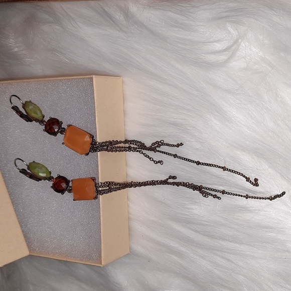 Dangly BOHO chain fringe fashion earrings faux stones - Picture 4 of 8